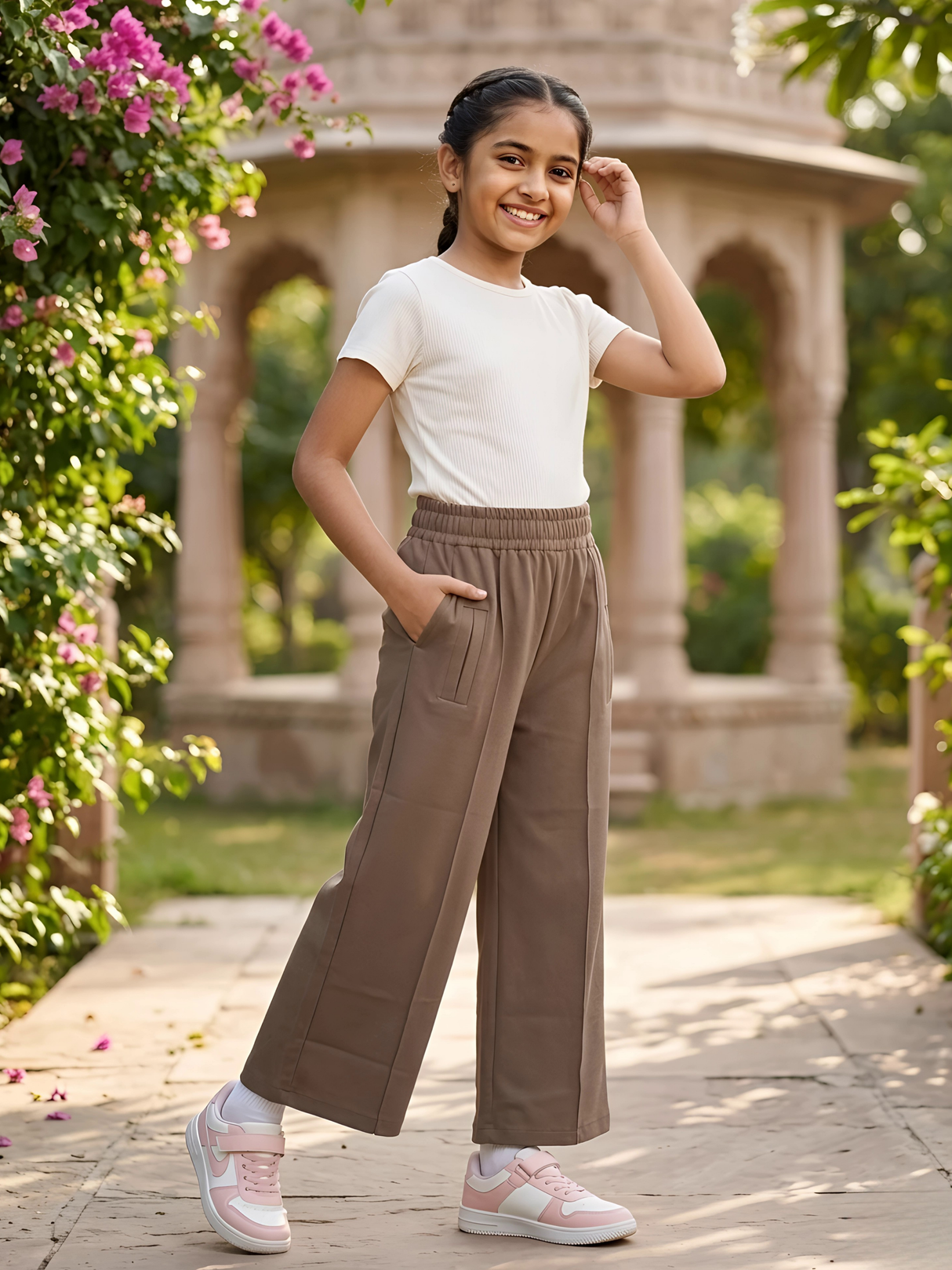 Girls Brown Comfortable Wide-Leg Culotte Pants