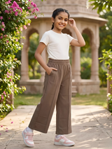 Girls Brown Comfortable Wide-Leg Culotte Pants