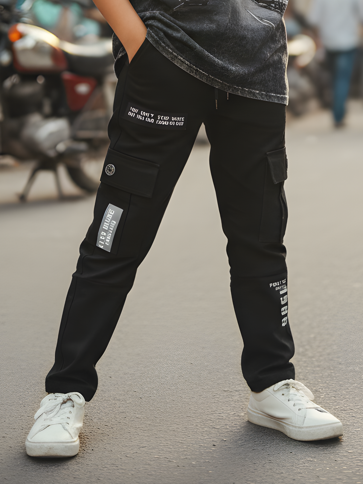 Boys' Urban Black Slim-Fit Cargo Trackpants