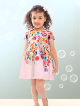 Toddler Girls' Watercolor Floral Print Cotton Frock with 3D Flower Detail