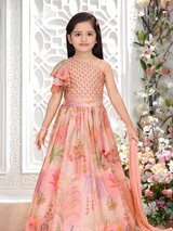 Girls' Pink Printed One-Shoulder Lehenga Choli Set with Dupatta