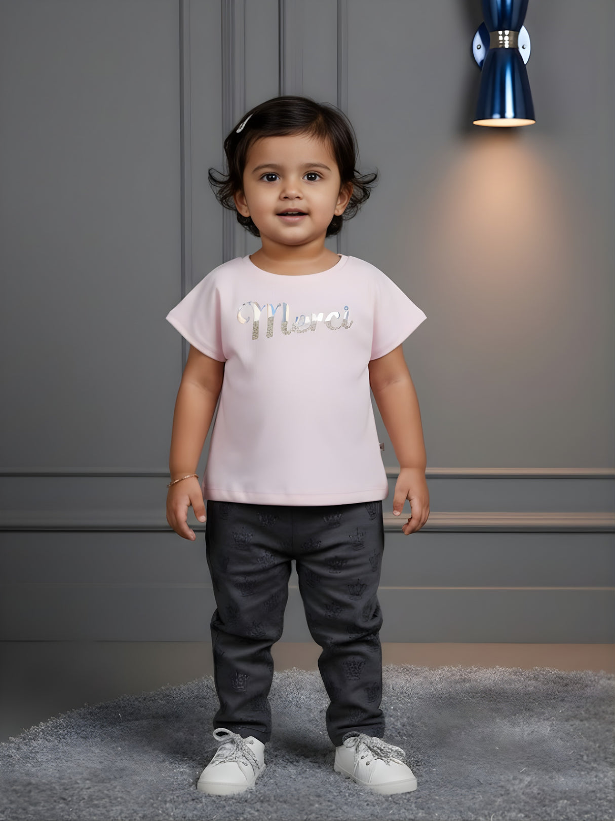 Girls Light Pink "Merci" Graphic Ribbed Tee