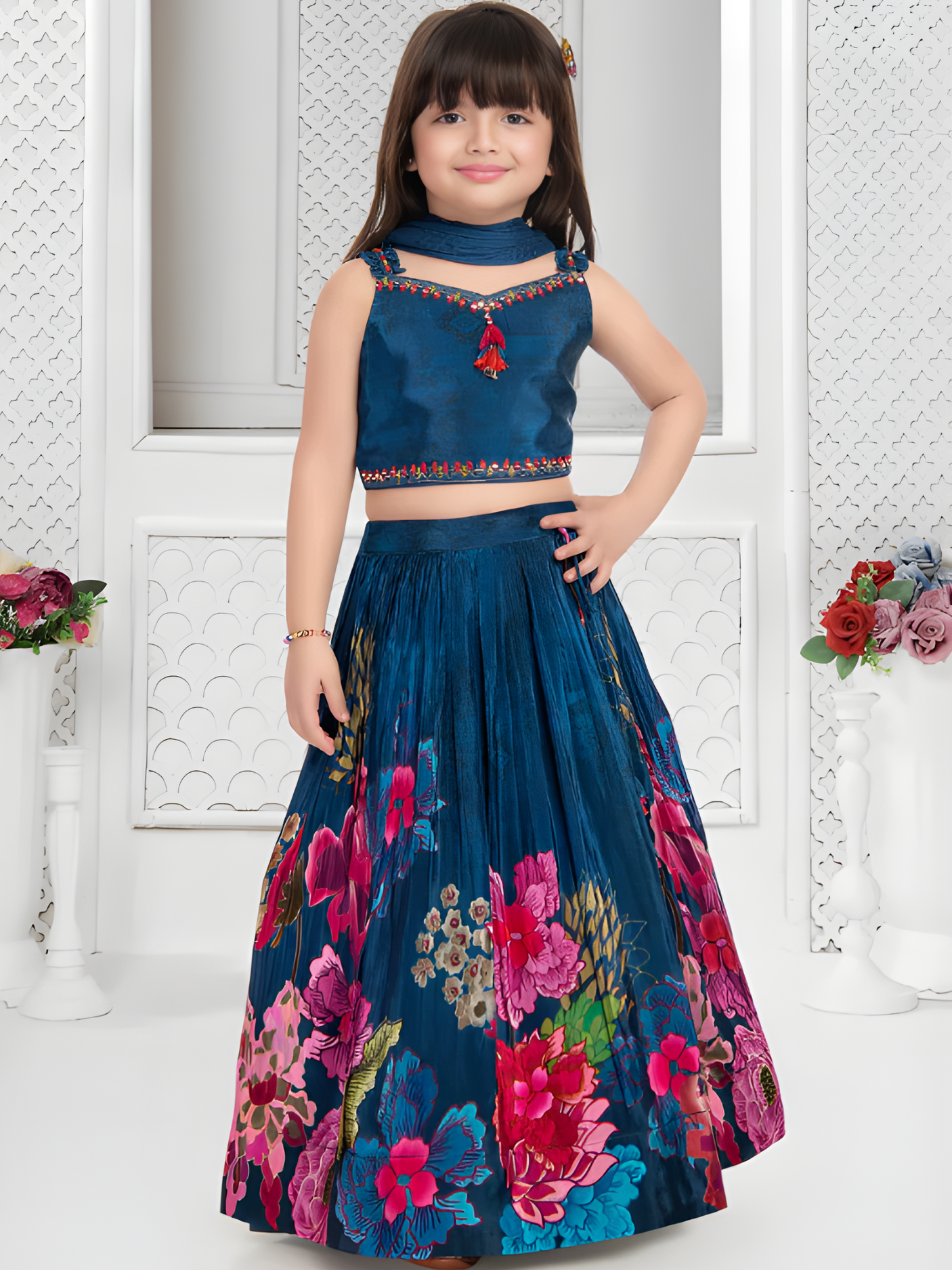 Girls Traditional Sleeves Less Long Choli - Blue