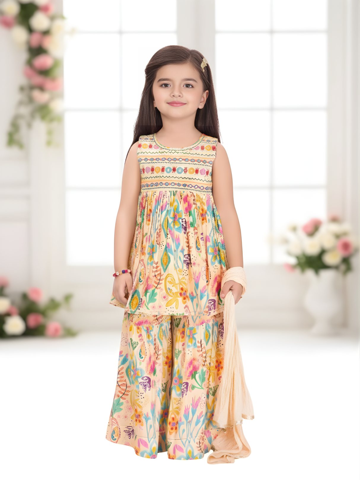 The Whimsical Meadow Floral Peasant Garara Set (Cream Multi).