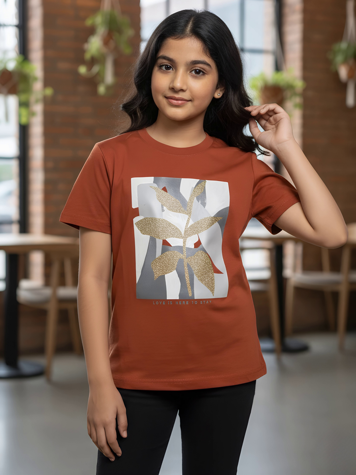 Girls' Earthy Brown Botanical Graphic Boxy Top