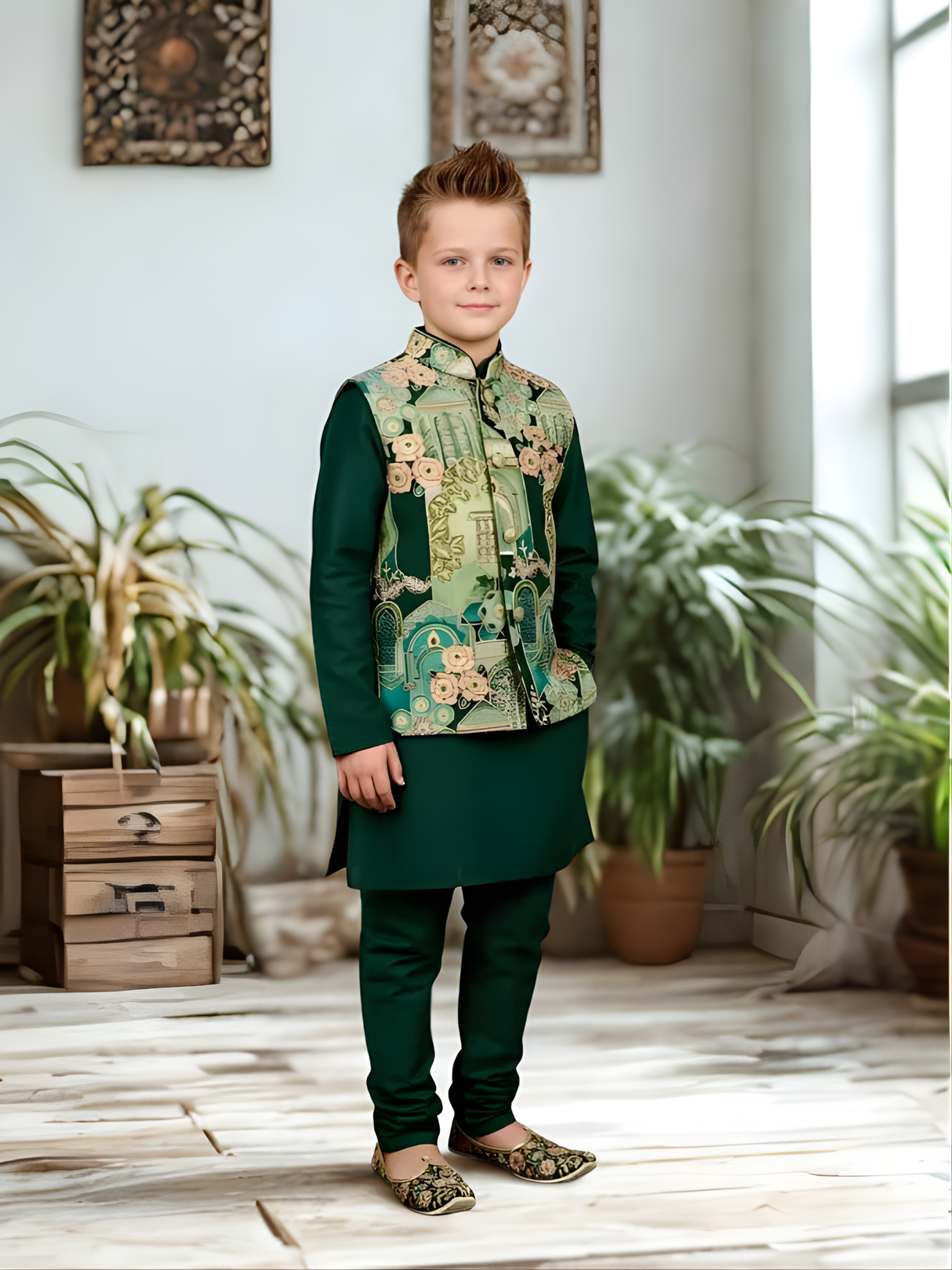 The Royal Emerald Printed Waistcoat Kurta Set (Forest Green).