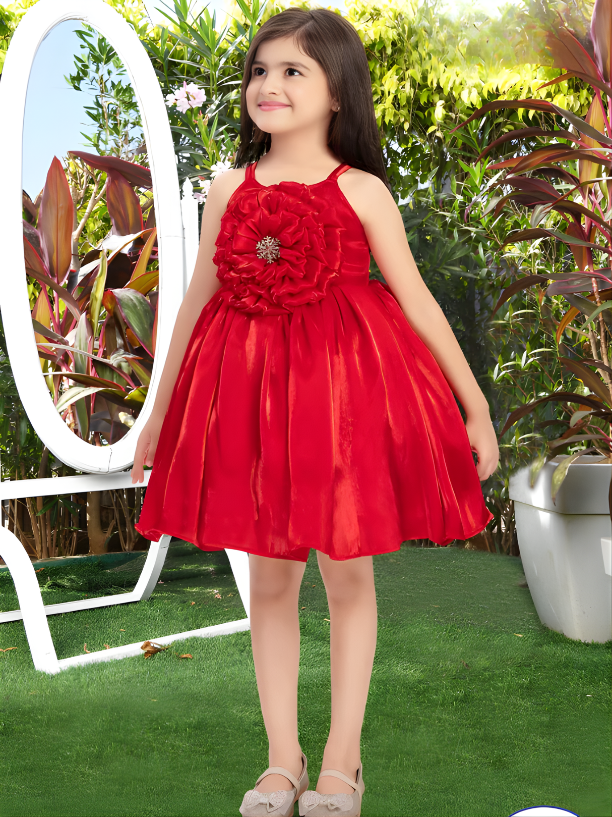 Girls Party Plain Satin Party Frock - Red