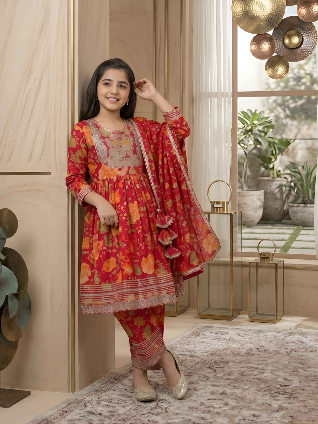 Girls' Rani Pink Floral Anarkali Suit Set with Embroidered Neckline