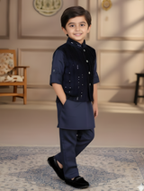 Boys Navy Blue Kurta Set with Sequined Velvet Waistcoat