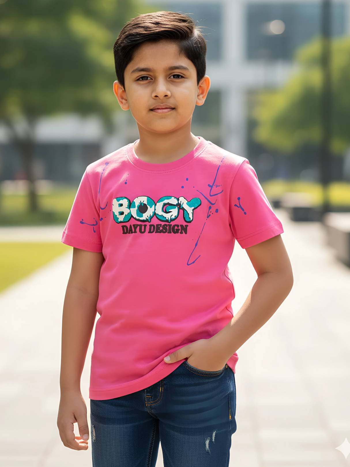 Kids' 'BOGY' Paint Splatter Graphic T-Shirt - Vibrant Fuchsia Pink.