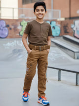 Boys' Rustic Brown Multi-Pocket Cargo Pants with Web Belt.
