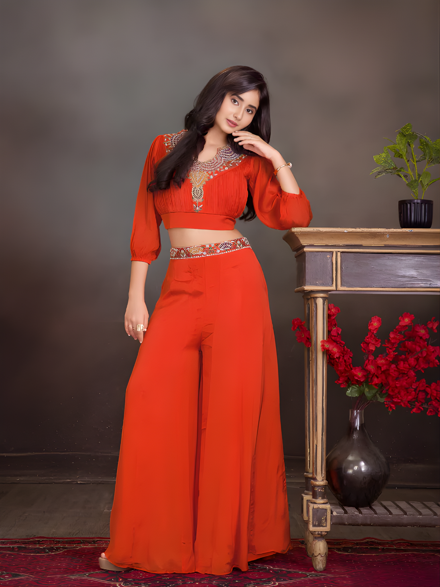 Girls Rust Orange Embroidered Crop Top and Palazzo Set