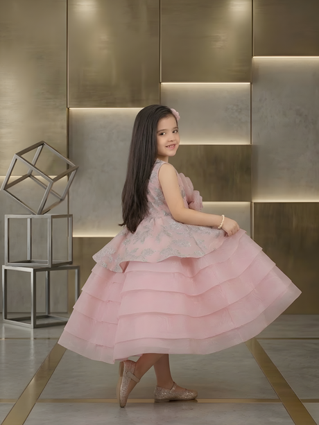 Girls' Layered Princess Party Frock with Bow Detail (Dusty Pink)