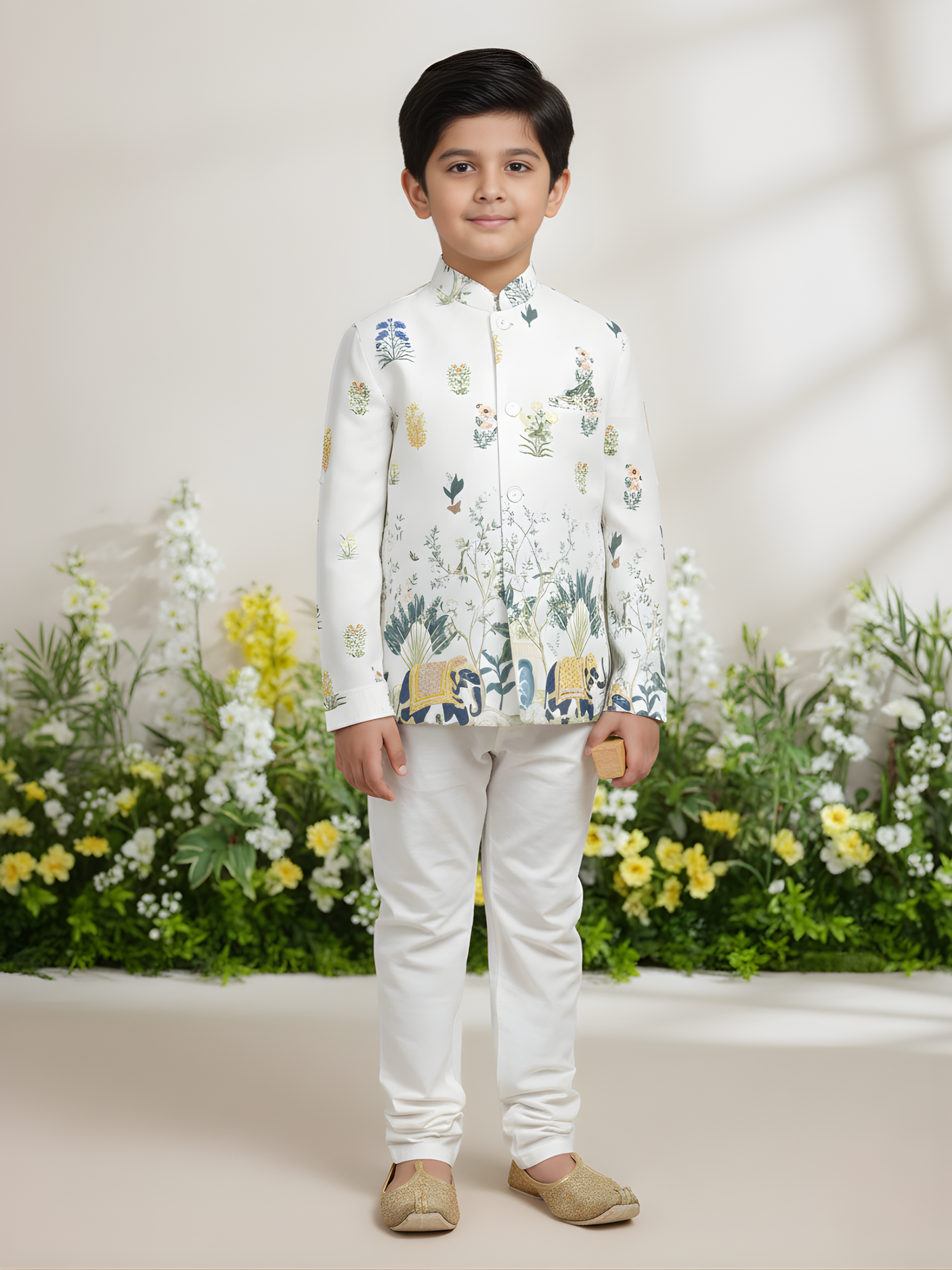 Boys' Cream Printed Bandhgala Jacket/Sherwani with Elephant Motif