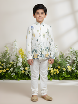 Boys' Cream Printed Bandhgala Jacket/Sherwani with Elephant Motif