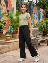 Girls' Stylish Black Wide-Leg Cargo Pants