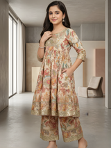 Girls' Elegant Cream Floral Tiered Suit Set with Heavy Sequin Work