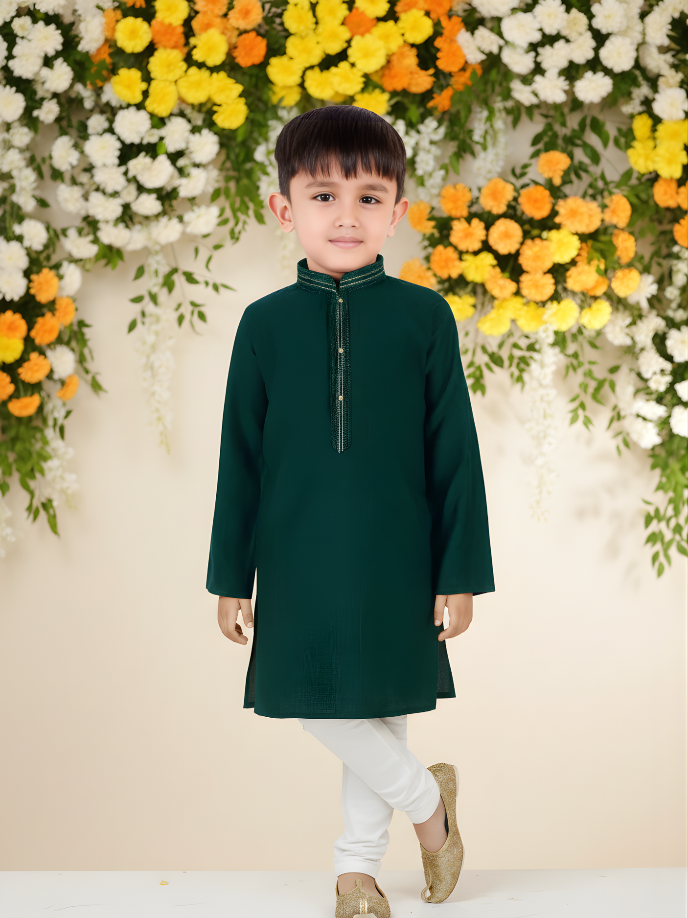 Boys' Bottle Green Kurta Pajama Set with Gold Neck Embroidery