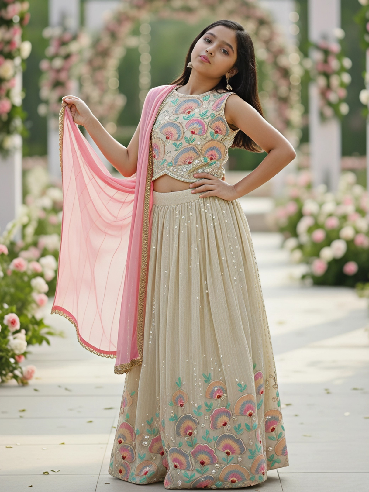 Girls' Elegant Cream Floral Embroidered Choli Set with Pink Dupatta