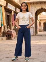 Girls Navy Blue Wide-Leg Comfort Jeans