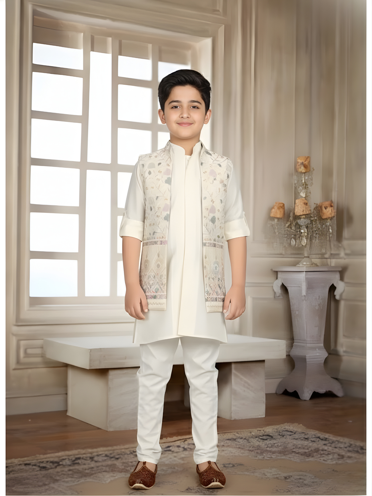 Boys' Luxurious Cream Kurta Set with Gold Sequined Waistcoat (3-Piece)