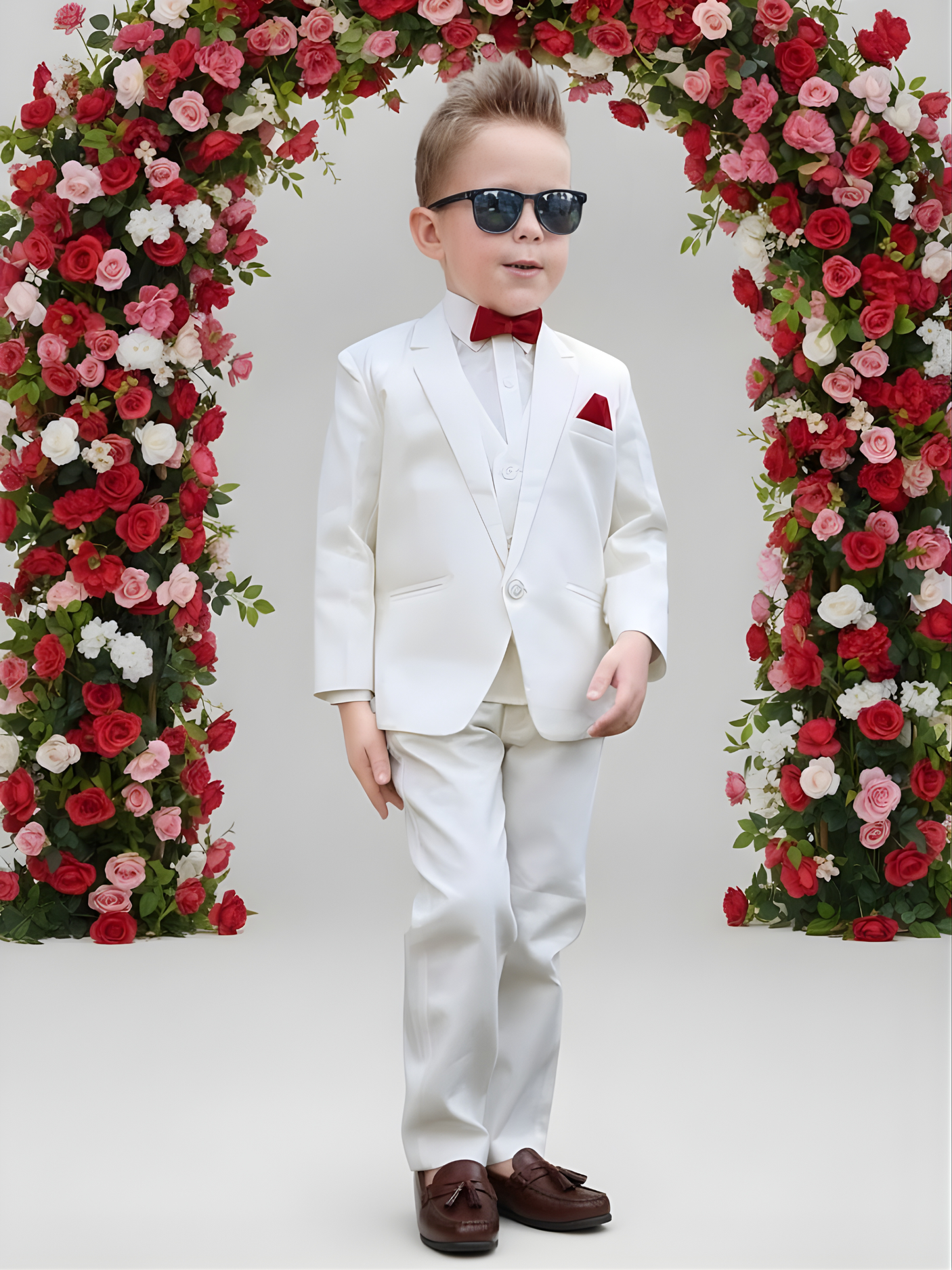 Boys' Classic White/Cream 3-Piece Suit with Maroon Accents.