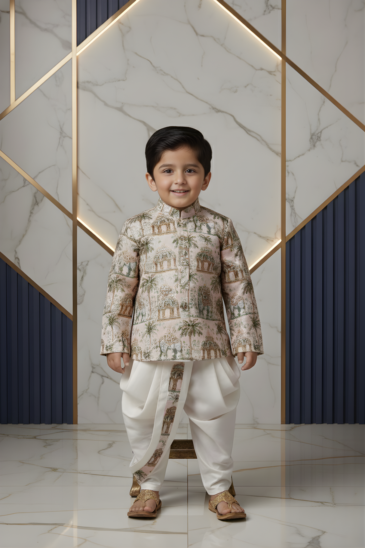 Boys' Cream Silk-Blend Kurta Set with Mirror-Work Nehru Jacket