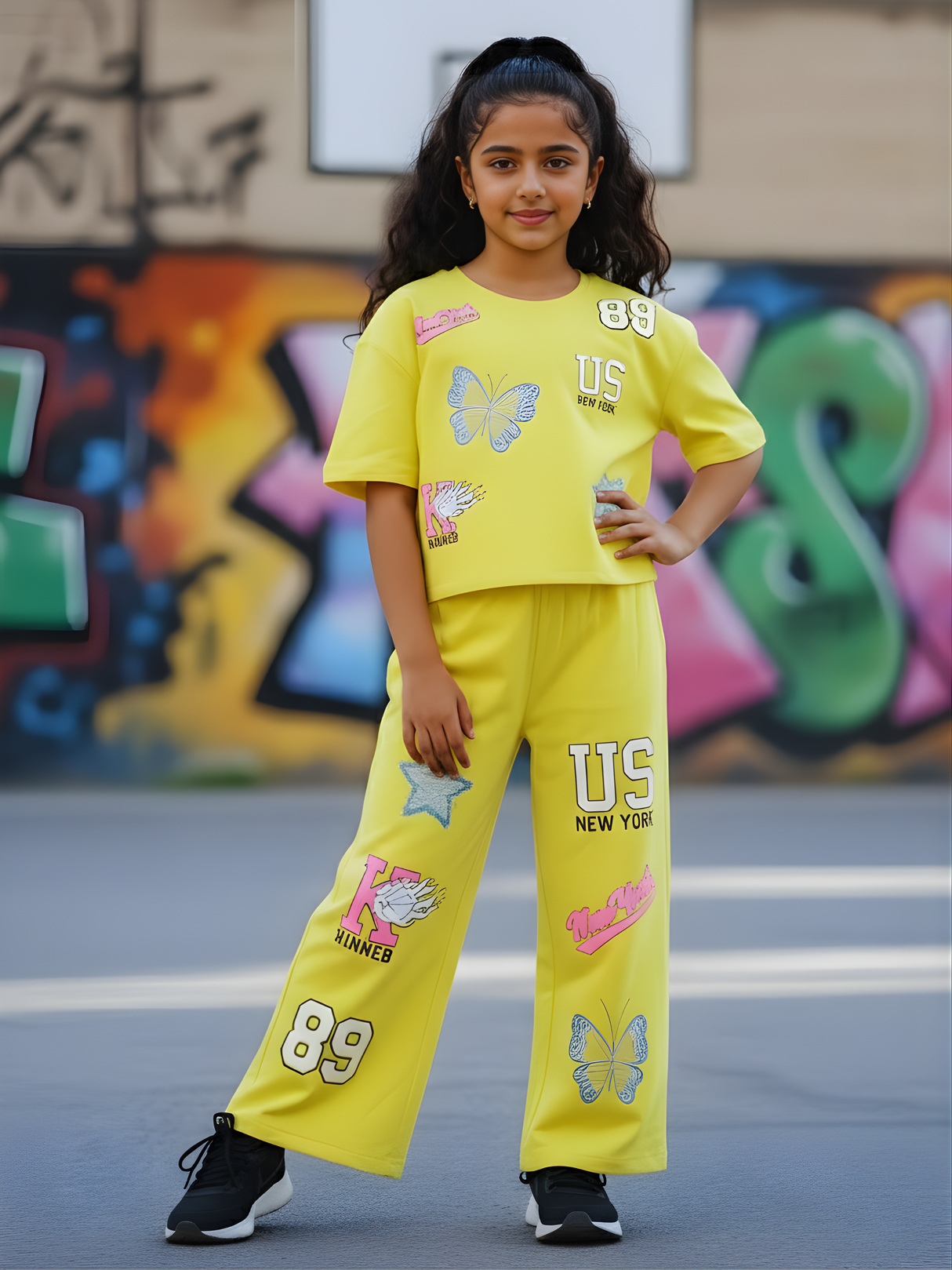 Girls Yellow Butterfly & Star Graphic Co-ord Set