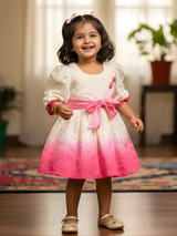 Girls' Cream and Pink Ombre Embroidered Frock with Bow Accent