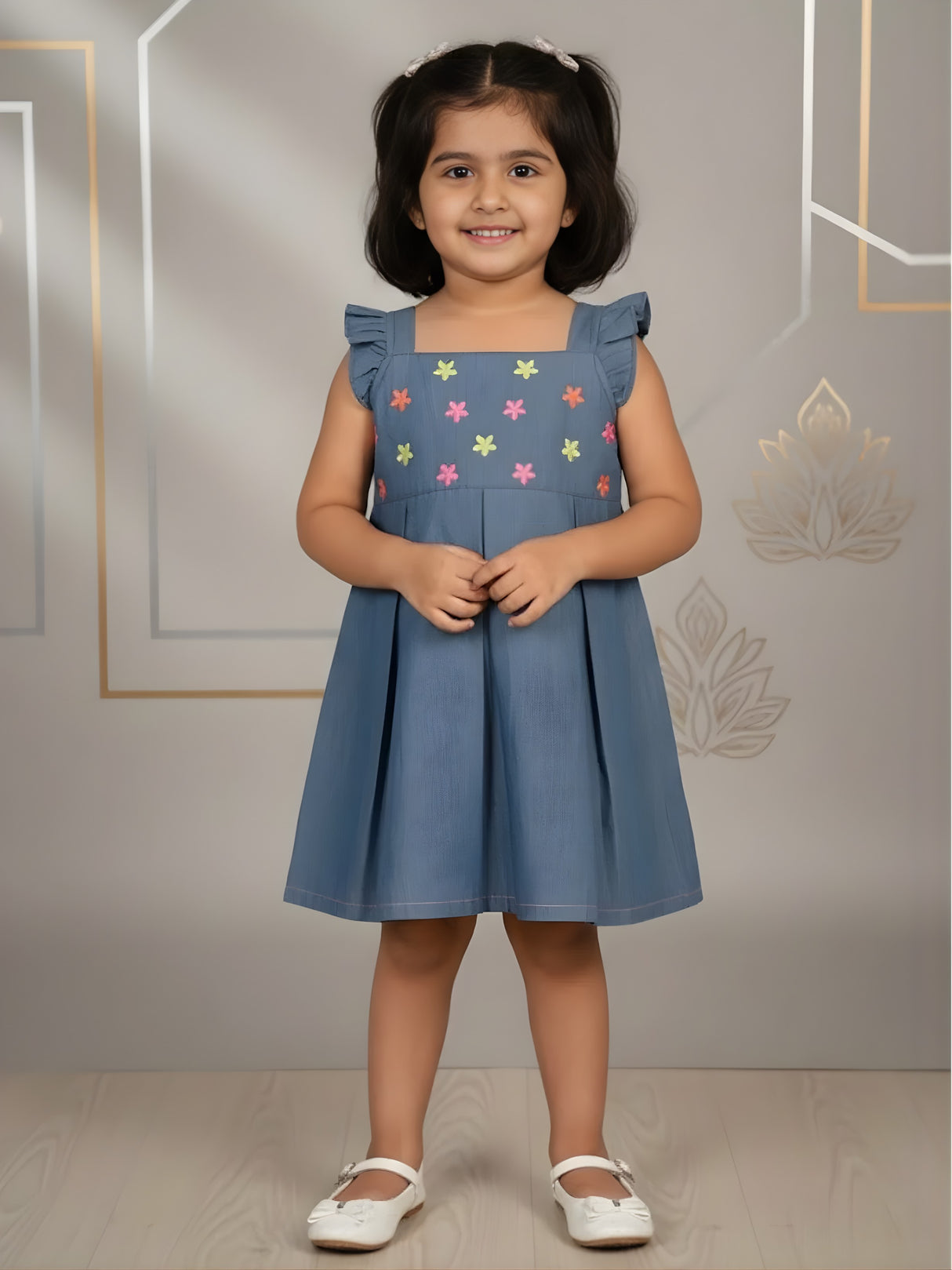 Girls' Stylish Blue Denim-Style Cotton Frock with Multi-Color Floral Embroidery