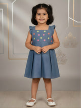 Girls' Stylish Blue Denim-Style Cotton Frock with Multi-Color Floral Embroidery