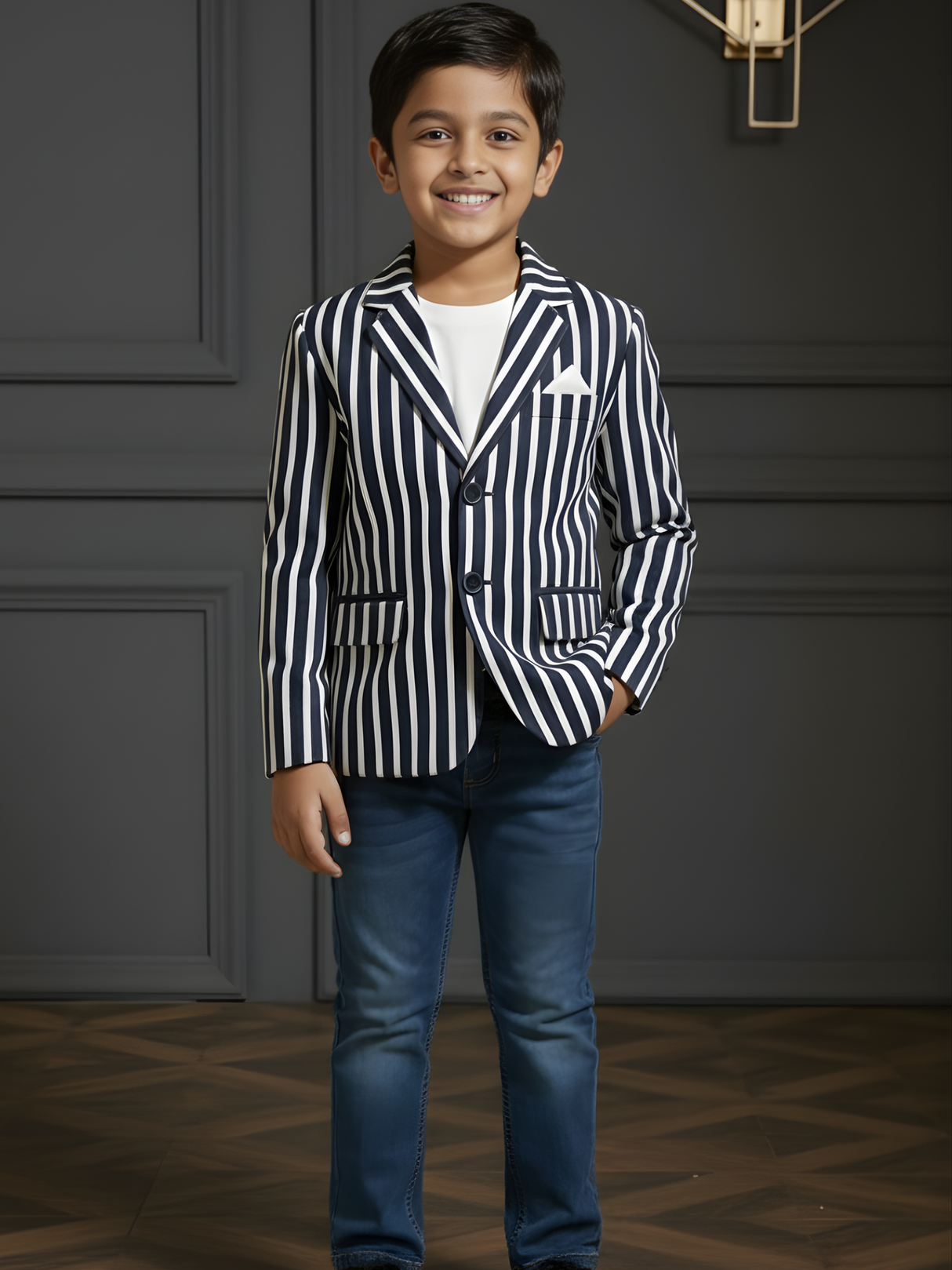 Boys' Navy Blue & White Striped Formal Blazer Coat Suit