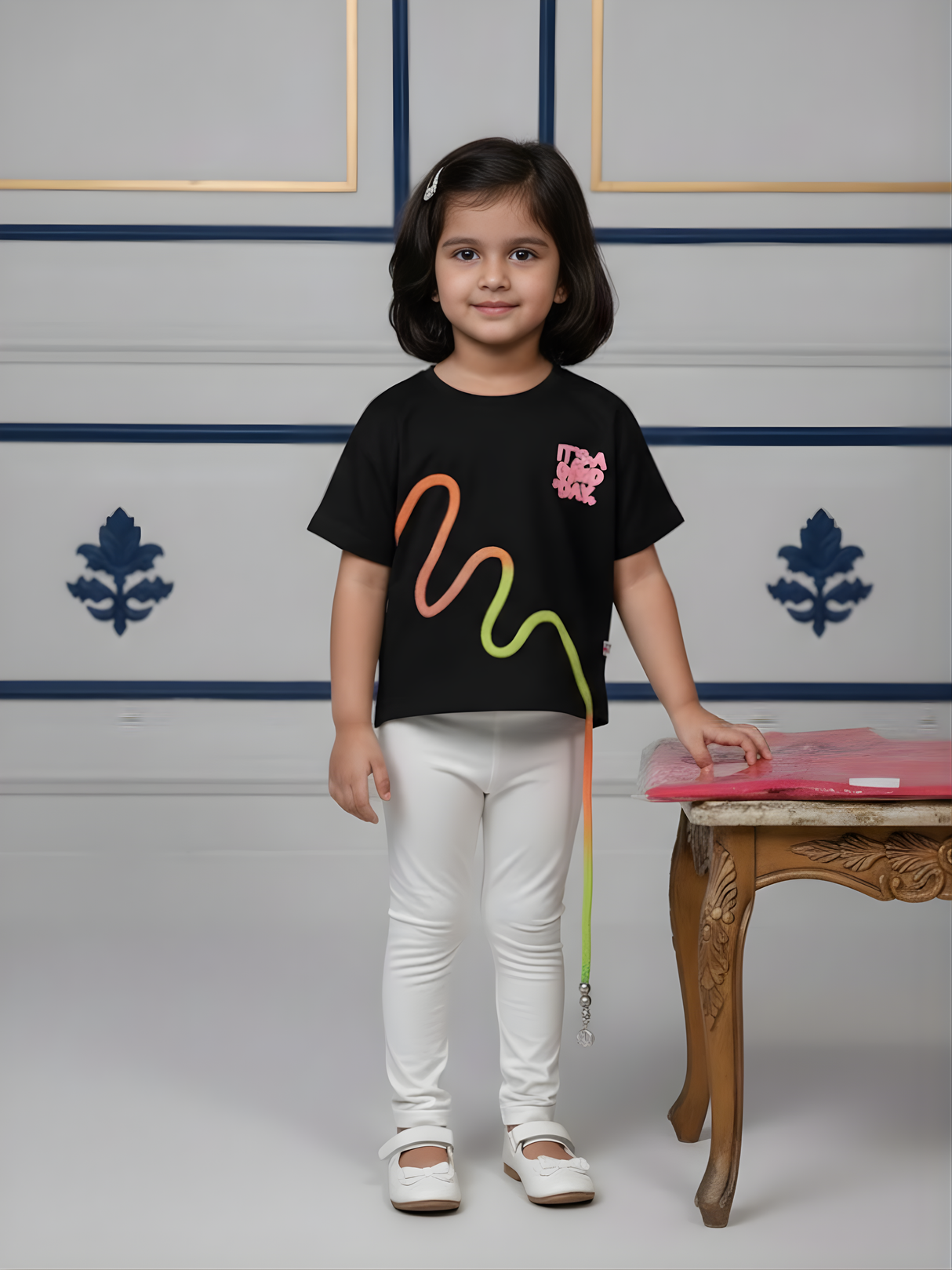 Girls Black "Good Day" Graphic Tee with Rainbow Cord Detail