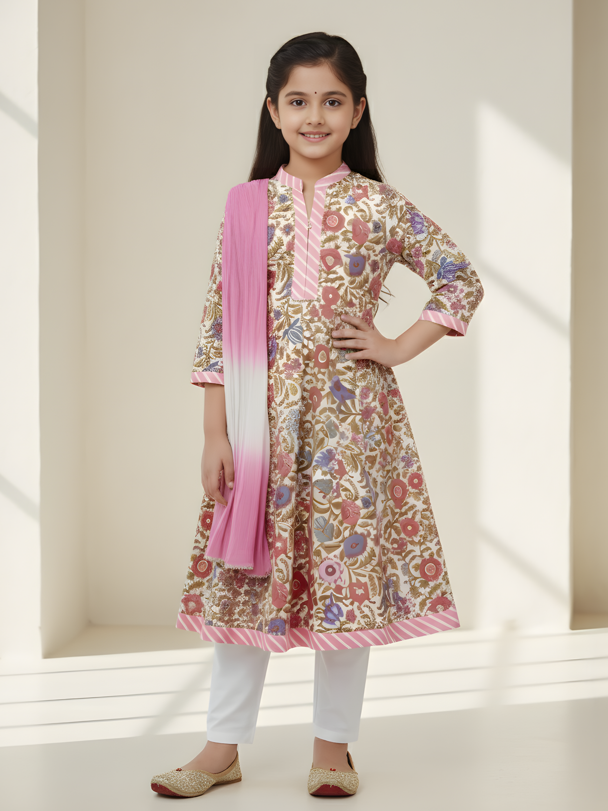 Girls' Casual Block Print Floral A-Line Tunic/Kurti