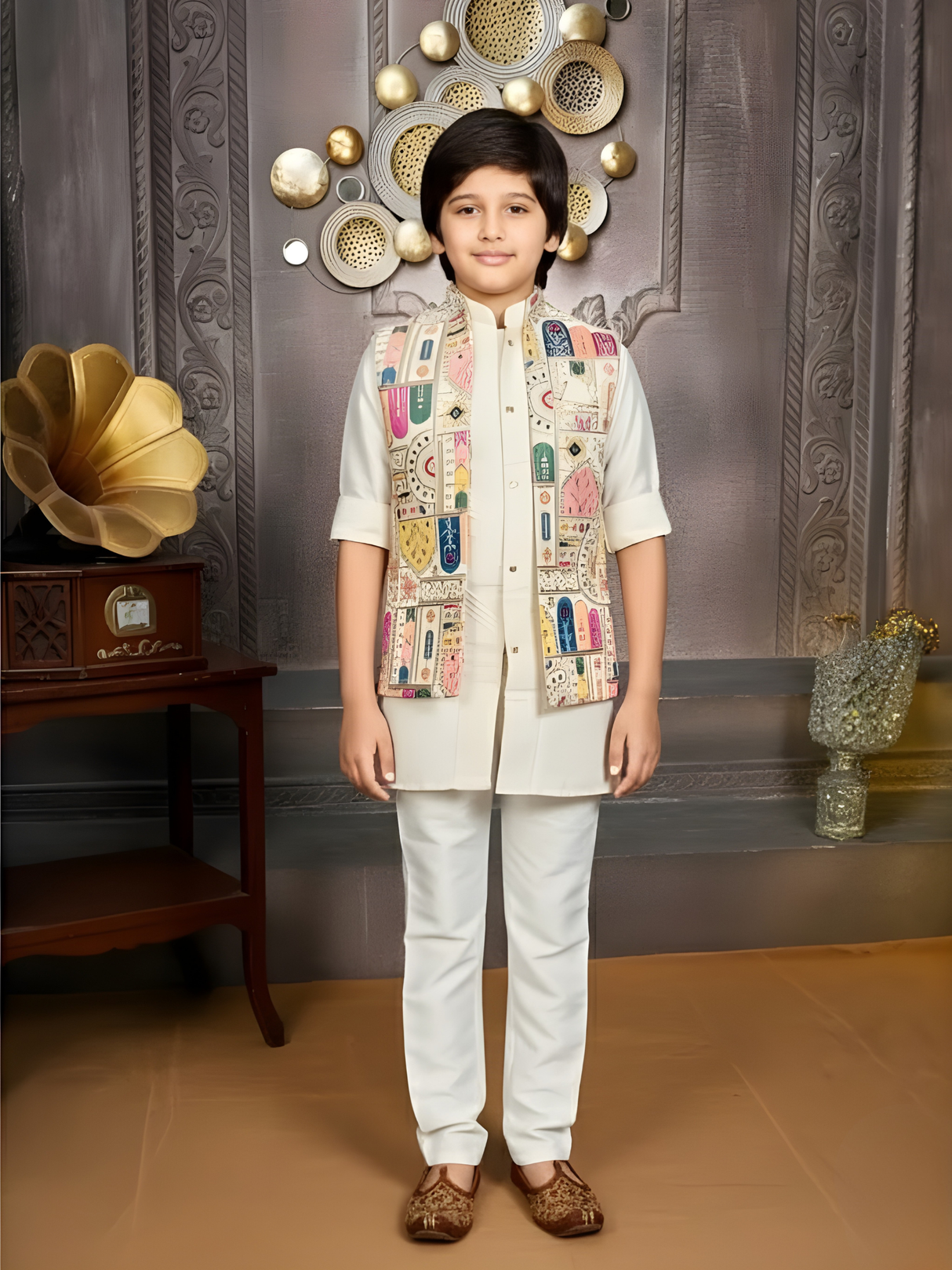 Boys' Elegant Ivory Brocade Kurta Pyjama Set (All-Over Woven Pattern)