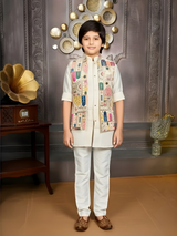 Boys' Elegant Ivory Brocade Kurta Pyjama Set (All-Over Woven Pattern)