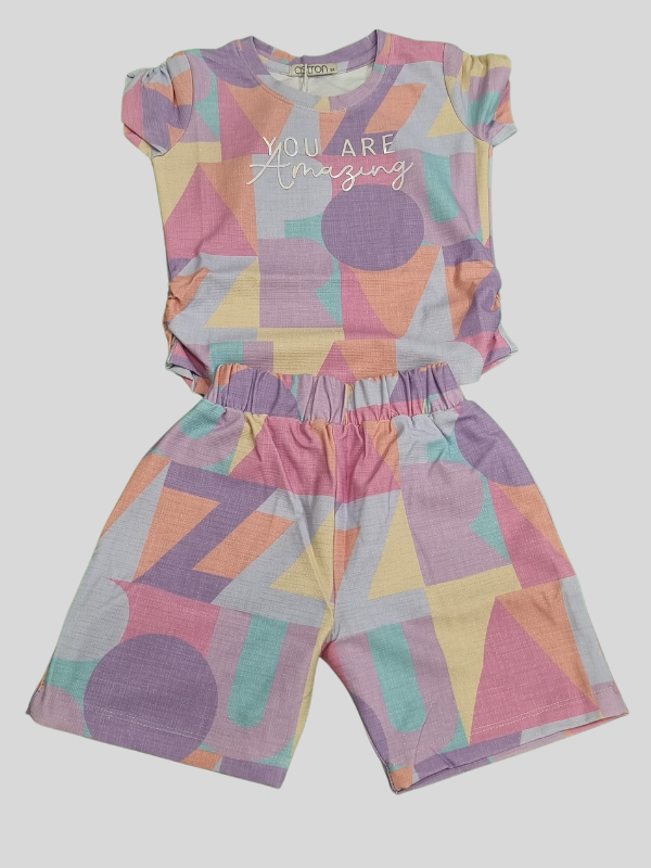 Girls’ Colorful Geometric Print Co-Ordinate Set – ‘You Are Amazing’ Summer Outfit