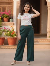 Girls' Emerald Green Wide-Leg Button-Accent Trousers