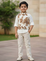 Cream Floral Print Mandarin Collar Waistcoat Set