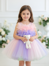 Dreamy Pastel Tiered Tulle Frock with Rosette Bodice - Pink, Lavender & Mint