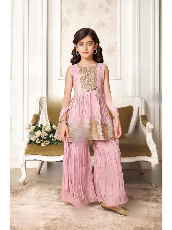 Girls Traditional Sleeves Less Sharara Set - Peach