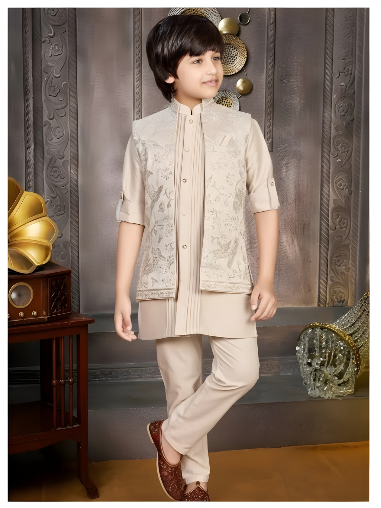 Boys' Classic Cream Kurta Pyjama Set with Embroidered Placket