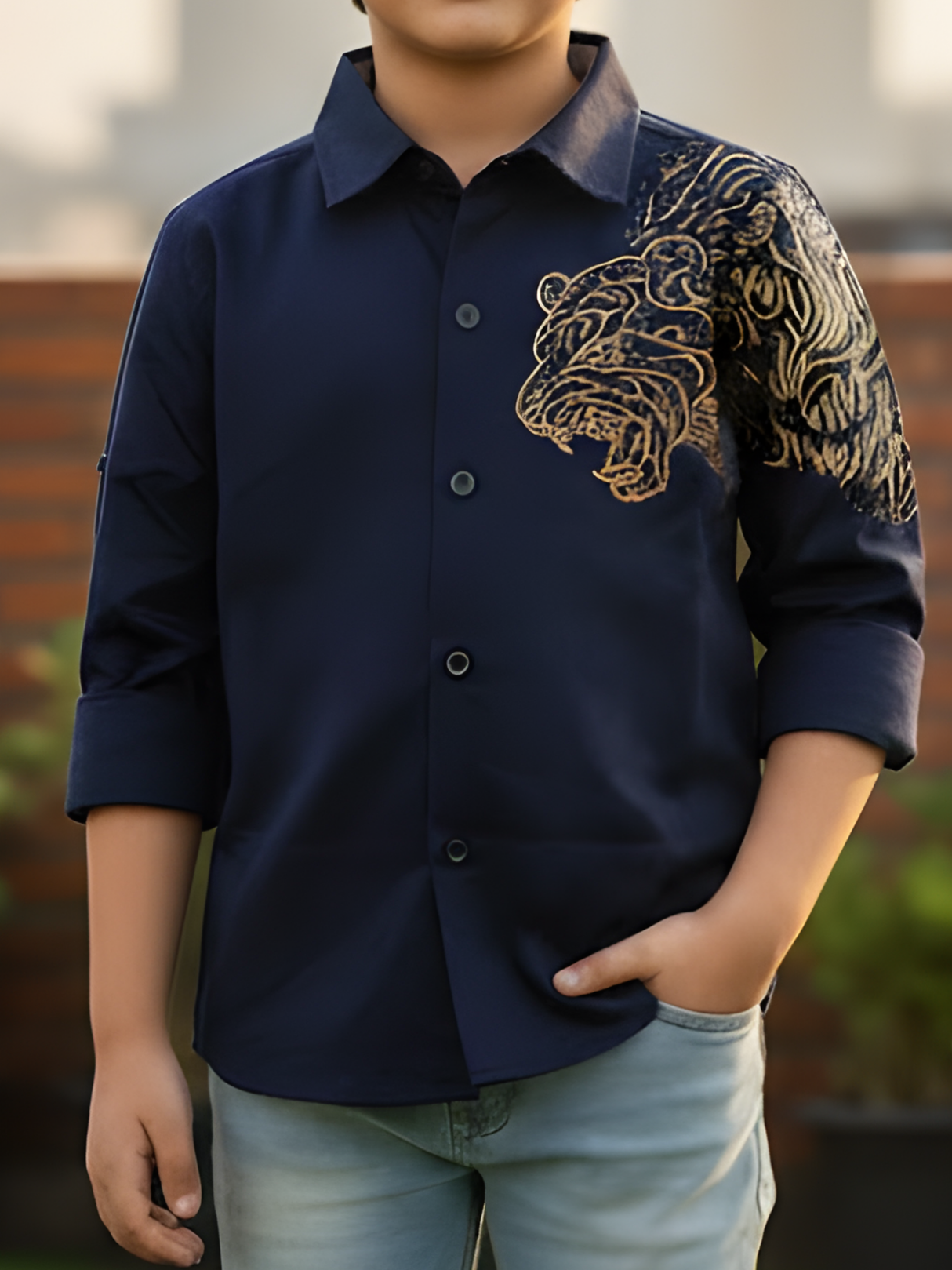 Boys Navy Blue Lion Art Party Wear Shirt