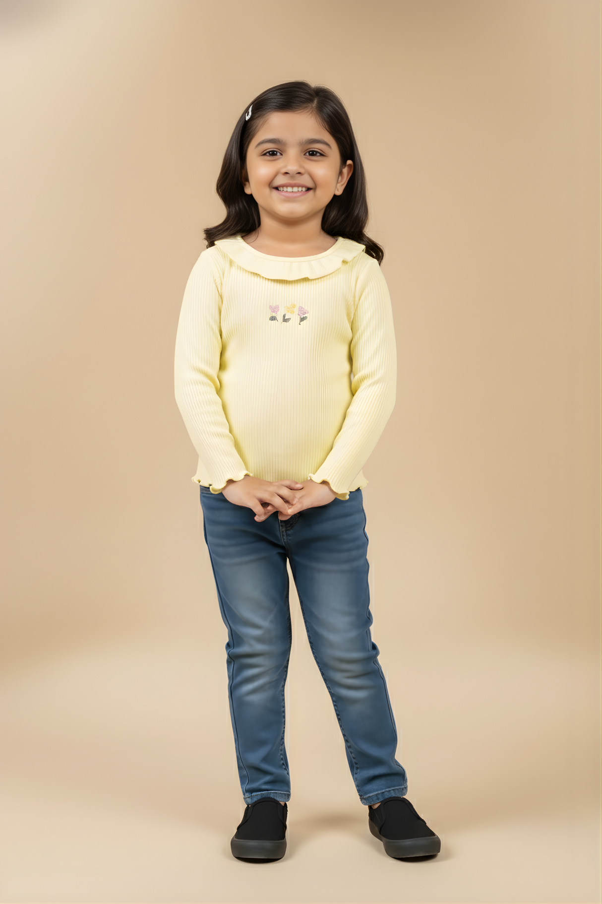Girls' Yellow  Ruffled Ribbed Long-Sleeve Embroidered Top