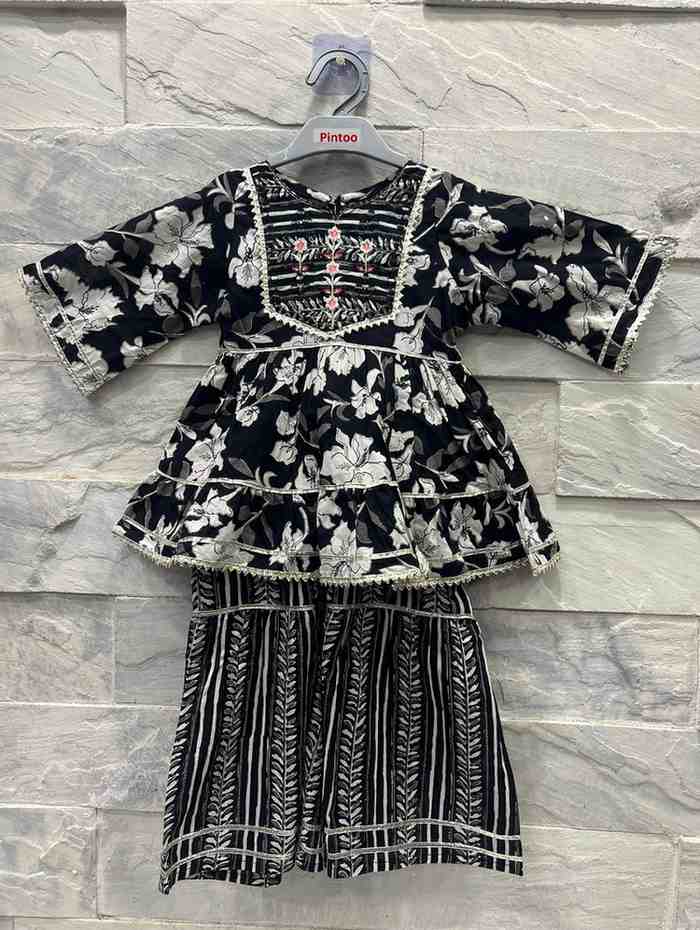 Girls' Black Floral Ethnic Set with Embroidered Top & Sharara Pants