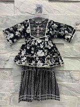 Girls' Black Floral Ethnic Set with Embroidered Top & Sharara Pants