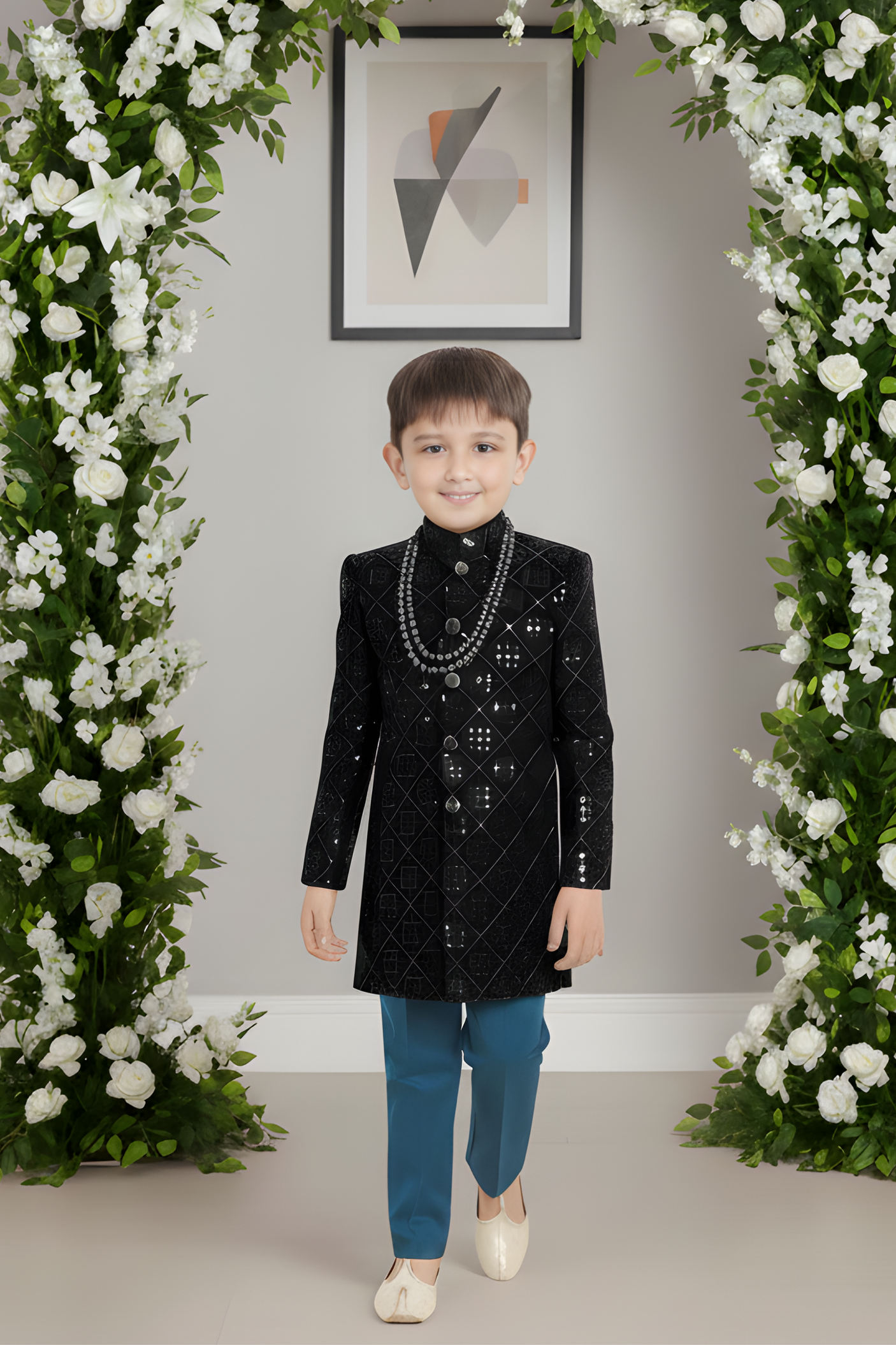 Boys' Green Sequined Sherwani with Teal Trousers Set