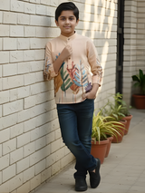 Boys Pastel Yellow Nature Print Cotton Kurta