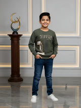 Boys' Dark Green "DIFFER" Textured Graphic T-Shirt