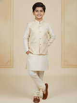 Boys Traditional Self Design Chudidar Kurta with Koti - Cream